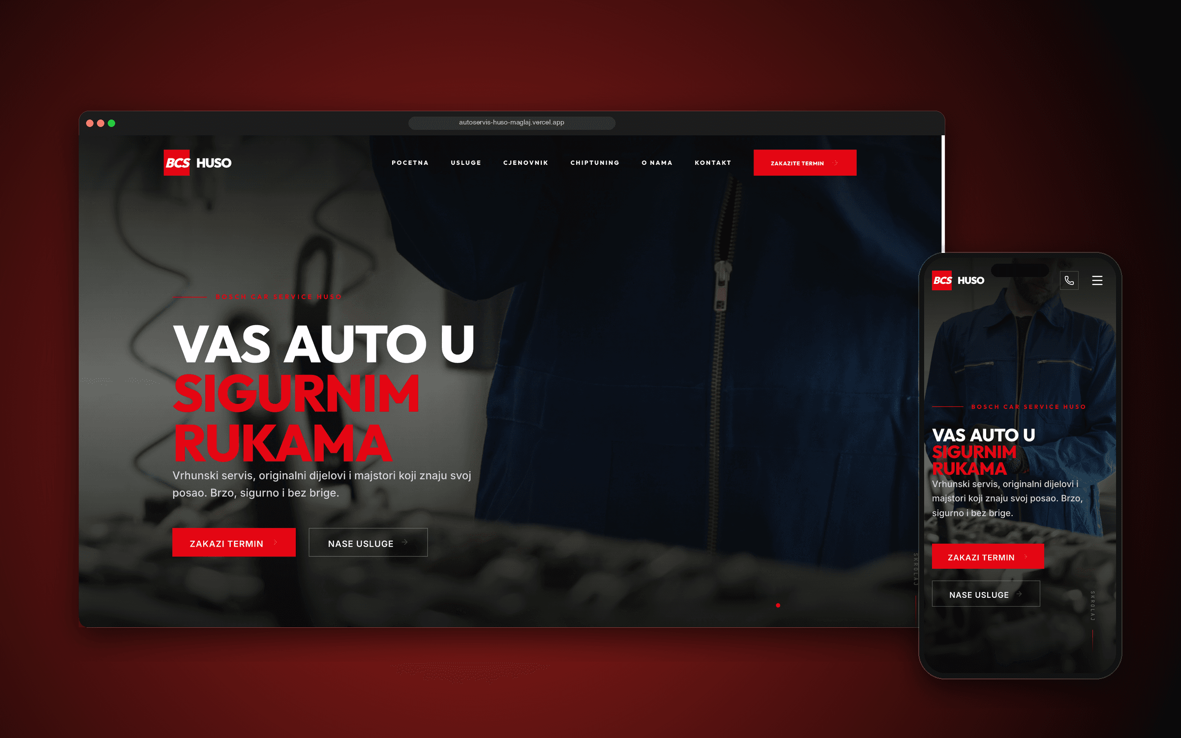 Auto Servis Huso desktop and mobile website mockups